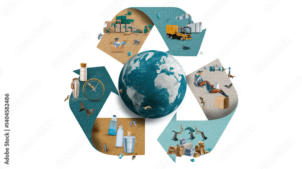 Recycling symbol over an industrial skyline promotes circular economy, sustainable business and environmental protection