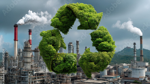 Obraz na płótnie Recycling symbol over an industrial skyline promotes circular economy, sustainable business and environmental protection w salonie