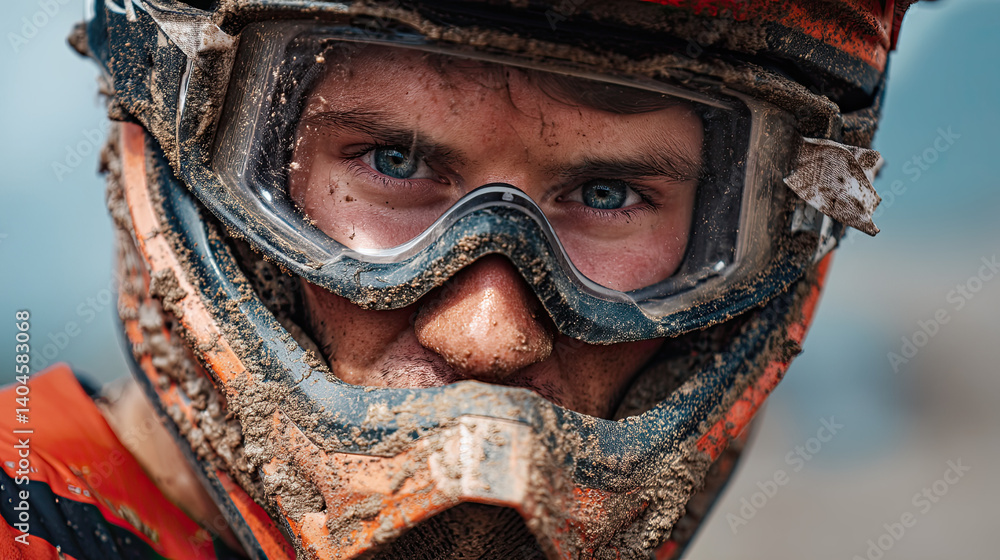 Close-up of a motocross rider with mud-splattered goggles and helmet, staring intensely