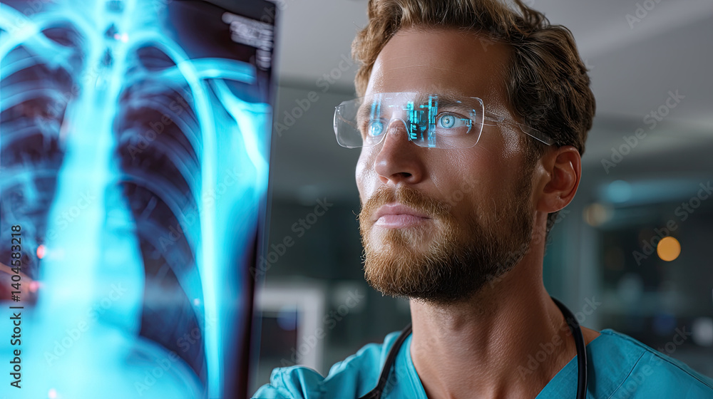 Medical professional interacting with holographic medical data projection in futuristic hospital setting