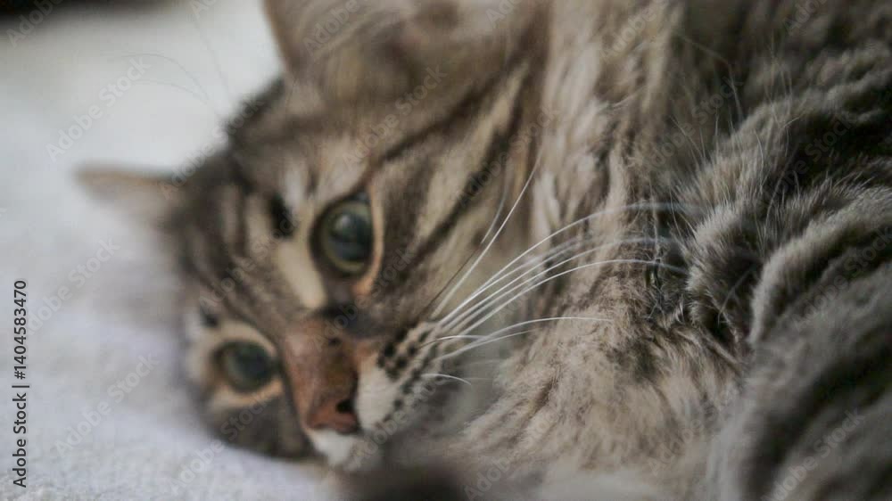 A cat is laying on a white surface with its eyes open A cat is laying on a white surface with its eyes open