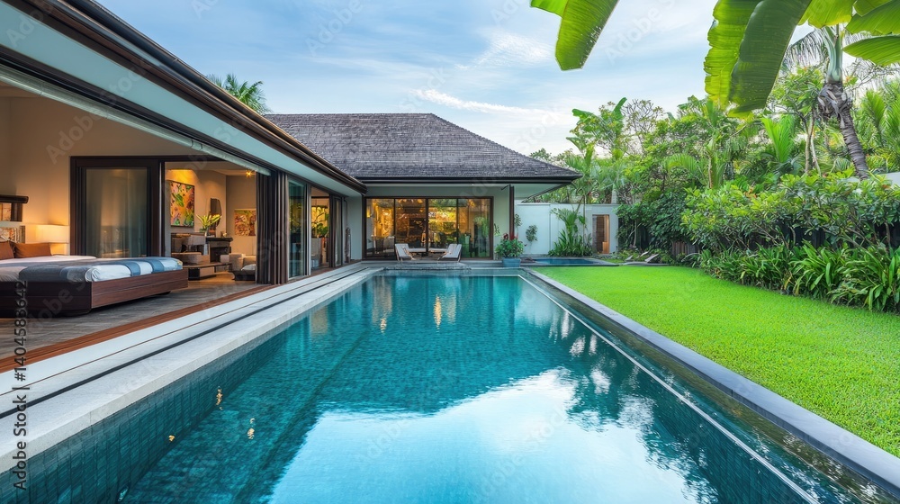 Fototapeta premium Home or house building exterior and interior design showcasing a tropical pool villa with green garden and bedroom