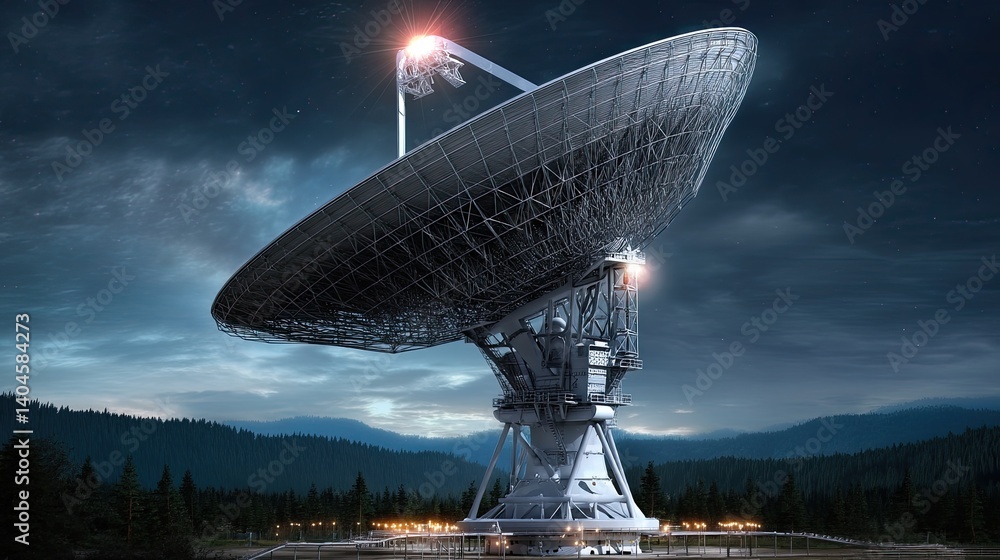 Gigantic radio telescope exploring the universe, nestled amidst a snowy mountain range and pine forest