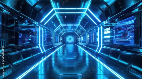 Wallpaper Mural Sci-fi futuristic spaceship tunnel with blue and white neon lights Torontodigital.ca