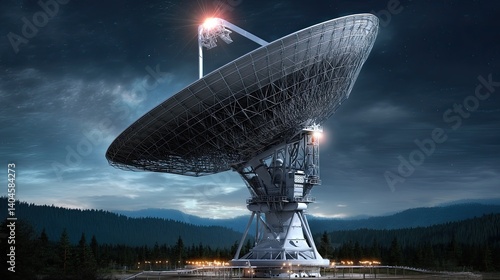 Obraz na płótnie Gigantic radio telescope exploring the universe, nestled amidst a snowy mountain range and pine forest w salonie