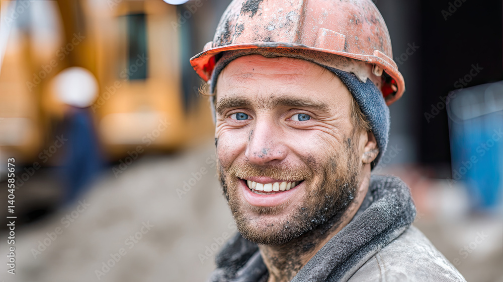 Portrait of a cheerful construction worker smiling with a dirty face, wearing a helmet on a construction site