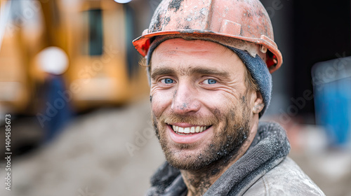 Obraz na płótnie Portrait of a cheerful construction worker smiling with a dirty face, wearing a helmet on a construction site w salonie