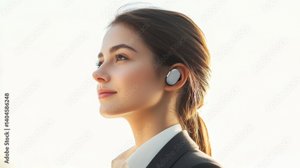 Photorealistic image of a professional woman in a suit with a slight smile, wearing Bluetooth headphones Photorealistic image of a professional woman in a suit with a slight smile, wearing Bluetooth headphones