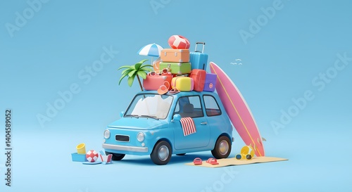 Vector cartoon illustration of a red family auto driving on a green road under a summer sky