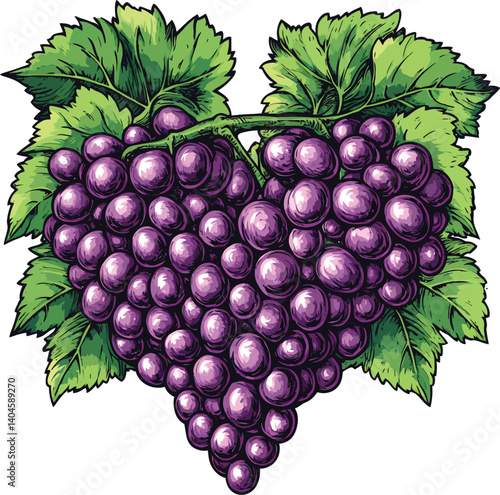 Heart-shaped bunch of ripe grapes with leaves and vines, showcasing fresh, juicy, purple berries in a natural autumn setting