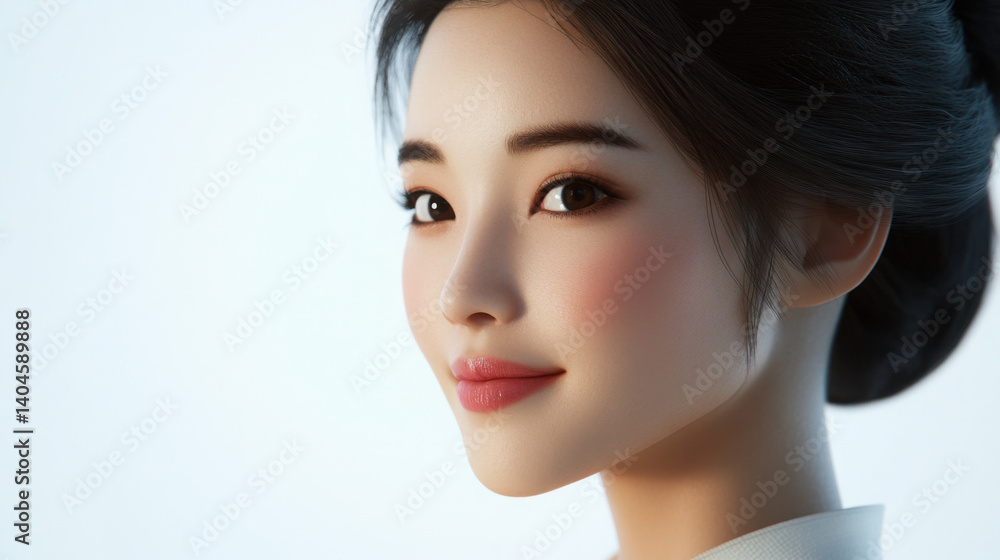 Professional Asian woman with a warm smile, gazing at her screen with calm energy Professional Asian woman with a warm smile, gazing at her screen with calm energy