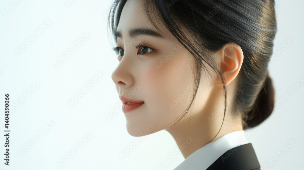 Professional Asian woman with a warm smile, gazing at her screen with calm energy Professional Asian woman with a warm smile, gazing at her screen with calm energy