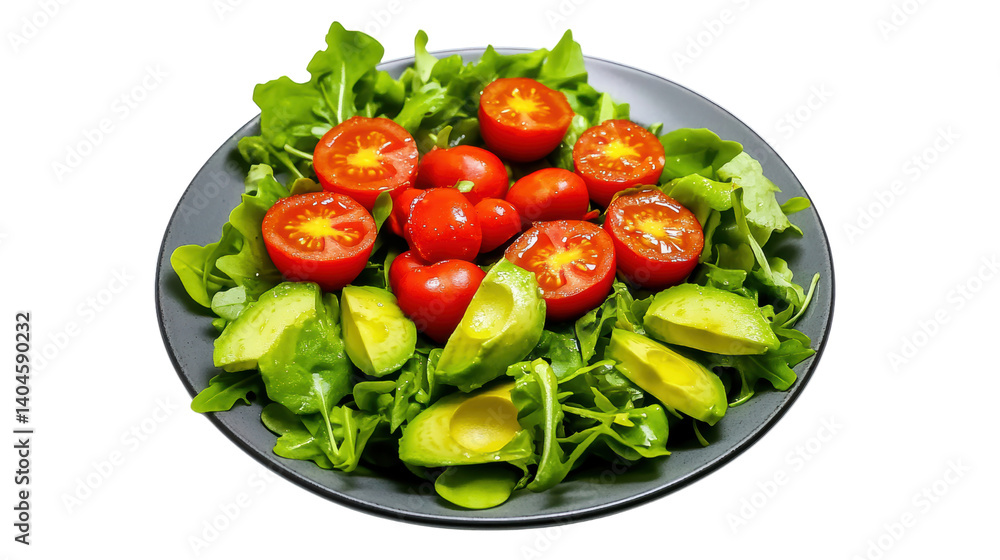 Fresh and colorful salad with cherry tomatoes and avocado on a black plate for healthy eating and nutrition Fresh and colorful salad with cherry tomatoes and avocado on a black plate for healthy eating and nutrition