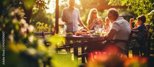 Wallpaper Mural Happy people and family cooking meat on barbecue grill at summer garden party. AI generated image Torontodigital.ca
