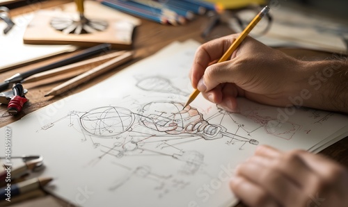 Artist's Hands Sketching Mechanical Design