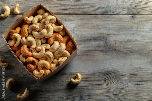 box of assorted nuts including cashews, almonds, and walnuts is displayed on rustic wooden surface, evoking sense of warmth and natural goodness