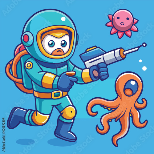 Cartoon Astronaut Confronting Sea Creatures With Laser Gun Underwater Adventure
