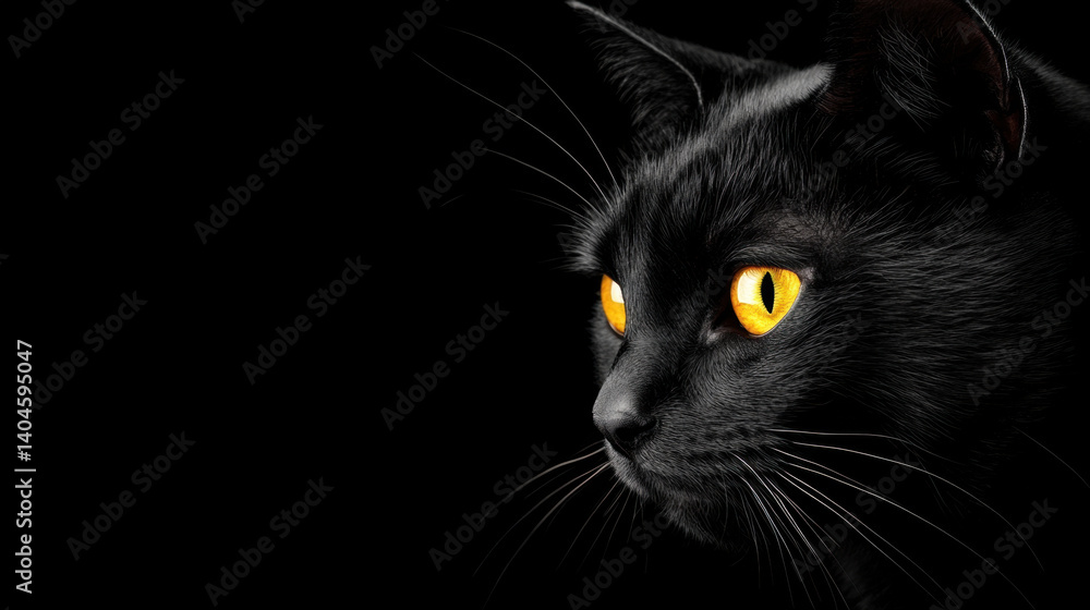 striking black cat with bright yellow eyes gazes intently, creating captivating contrast against dark background. image evokes sense of mystery and allure striking black cat with bright yellow eyes gazes intently, creating captivating contrast against dark background. image evokes sense of mystery and allure