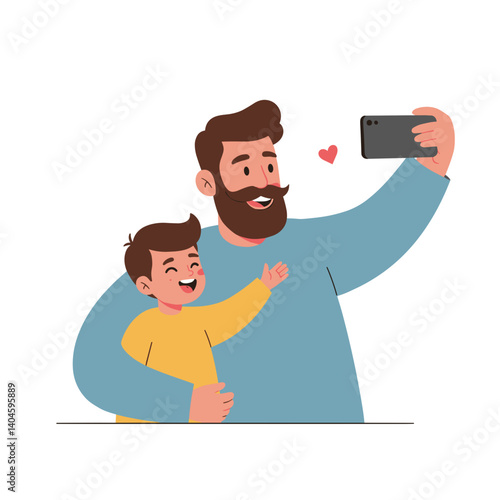 Dad and son joyfully taking a selfie against a simple background, Father's Day