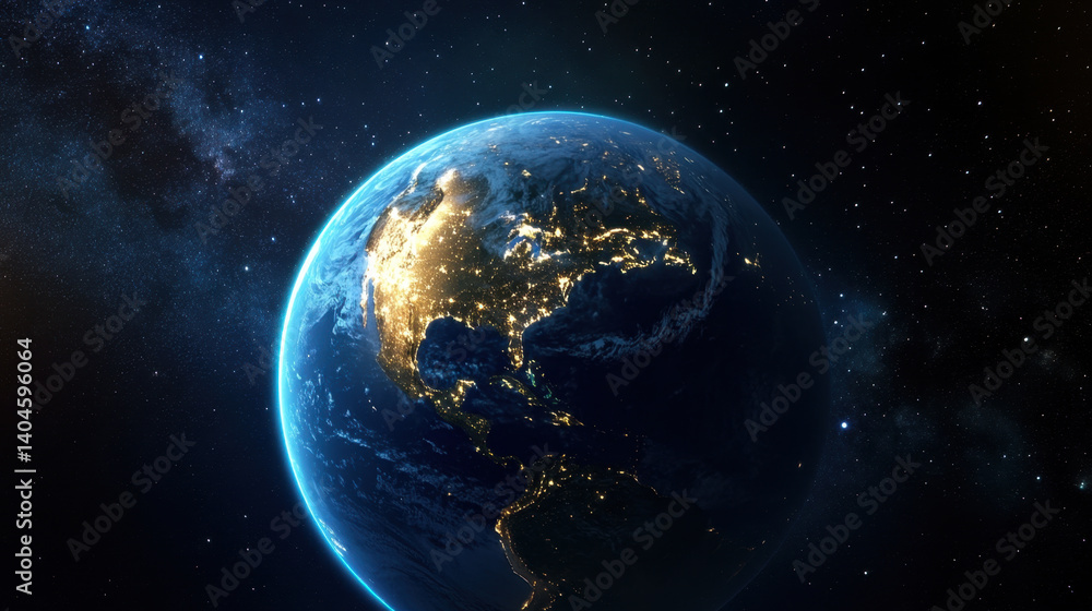Fototapeta premium stunning view of Earth from space, showcasing illuminated cities at night and vibrant blue of oceans. This captures beauty and vastness of our planet against backdrop of stars