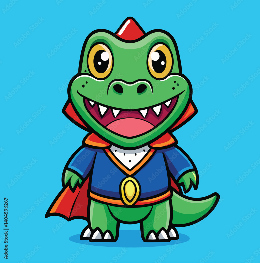 Fototapeta premium Cartoon Superhero Dinosaur Character Illustration With Cape On Light Blue Background