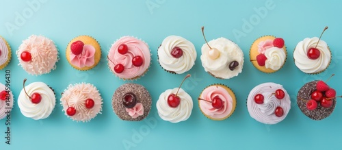 Flat lay top view various sweet cupcakes with topping isolated on blue background. Generate AI image