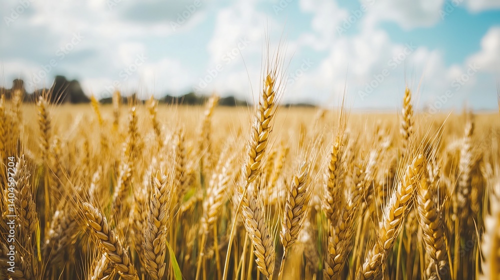 Golden wheat field under a blue sky with fluffy clouds, showcasing nature's bounty and agricultural beauty. Golden wheat field under a blue sky with fluffy clouds, showcasing nature's bounty and agricultural beauty.