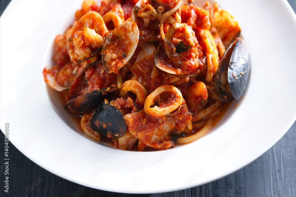 italian spaghetti marinara in tomato sauce