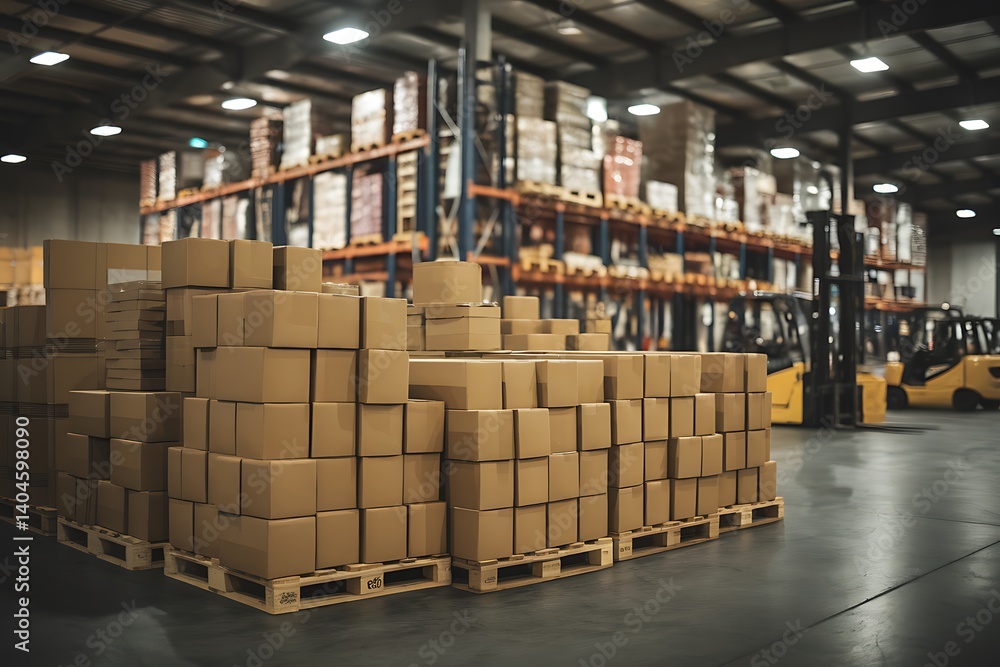 A Large Warehouse Filled with Cardboard Boxes and Forklifts A Large Warehouse Filled with Cardboard Boxes and Forklifts