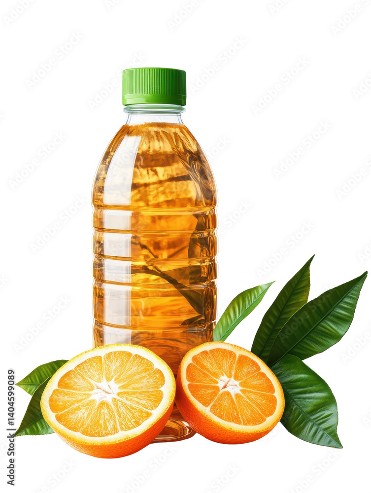 Refreshing orange beverage in clear bottle surrounded by fresh orange halves and green leaves on black background Refreshing orange beverage in clear bottle surrounded by fresh orange halves and green leaves on black background