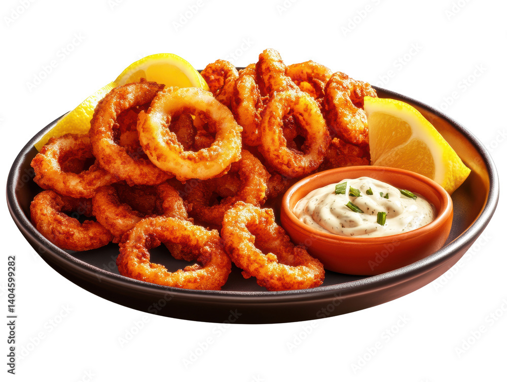 Crispy fried onion rings served with lemon wedges and tangy dipping sauce on a black background Crispy fried onion rings served with lemon wedges and tangy dipping sauce on a black background