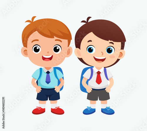 wo cheerful school boys in a flat vector style, wearing uniforms and ready for school. Ideal for academic illustrations, kids’ books, and classroom graphics