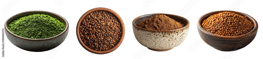 Assortment Of Natural Spices And Herbs In Rustic Bowls Isolated On White Background Perfect For Culinary And Wellness Concepts Assortment Of Natural Spices And Herbs In Rustic Bowls Isolated On White Background Perfect For Culinary And Wellness Concepts