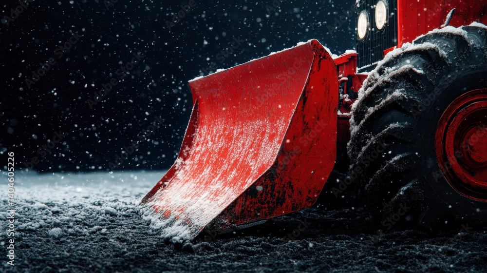 red snowplow with distressed appearance is captured in snowy environment, showcasing its large blade and rugged tires. scene evokes sense of winter work and resilience red snowplow with distressed appearance is captured in snowy environment, showcasing its large blade and rugged tires. scene evokes sense of winter work and resilience