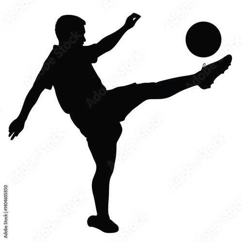 Silhouette of Football Player Kicking Ball with Raised Arm on Transparent BG