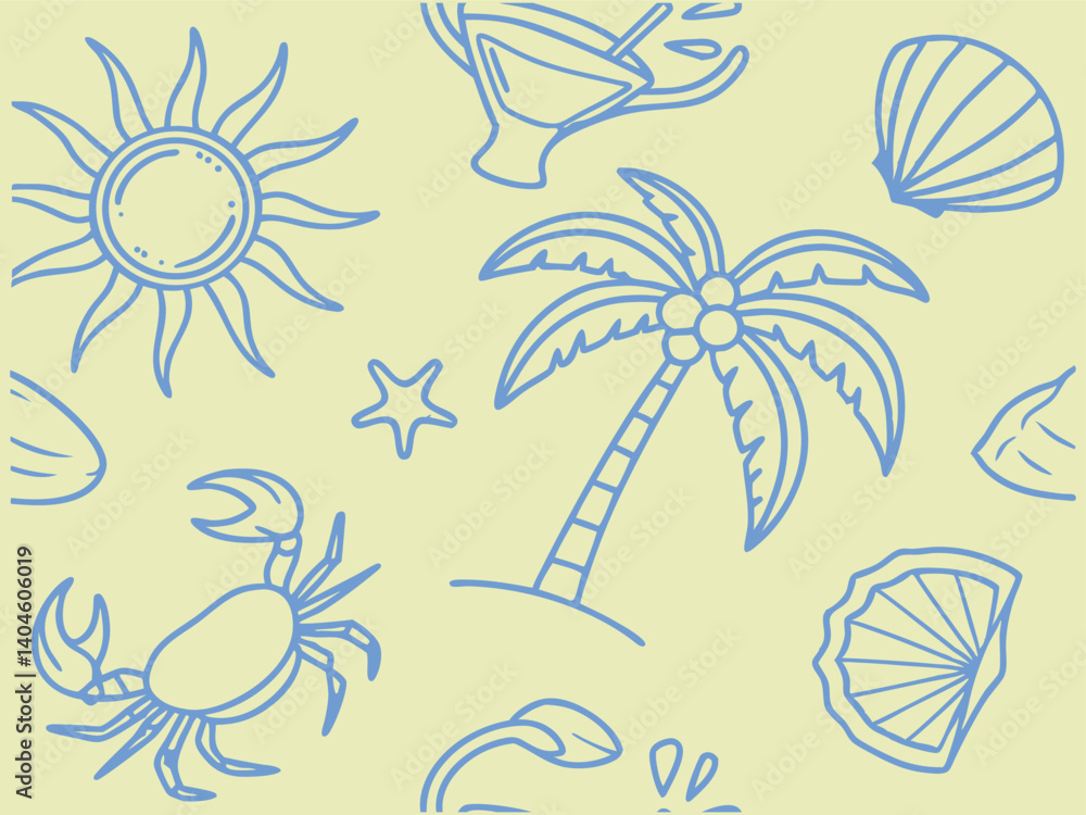 Tropical Seamless Pattern – Blue Beach Doodles on Yellow Background.
tropical, seamless, beach, doodle, palm, summer, crab, shell, yellow, vacation.