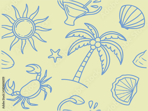 Obraz na płótnie Tropical Seamless Pattern – Blue Beach Doodles on Yellow Background.
tropical, seamless, beach, doodle, palm, summer, crab, shell, yellow, vacation. w salonie