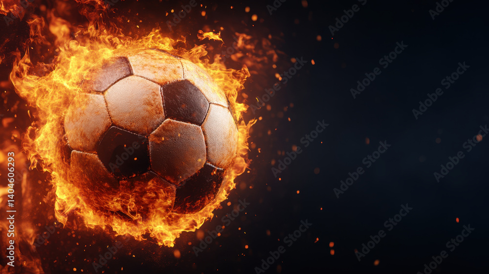 Fototapeta premium soccer ball engulfed in flames creates dramatic and intense visual against dark background, symbolizing passion and energy in sport