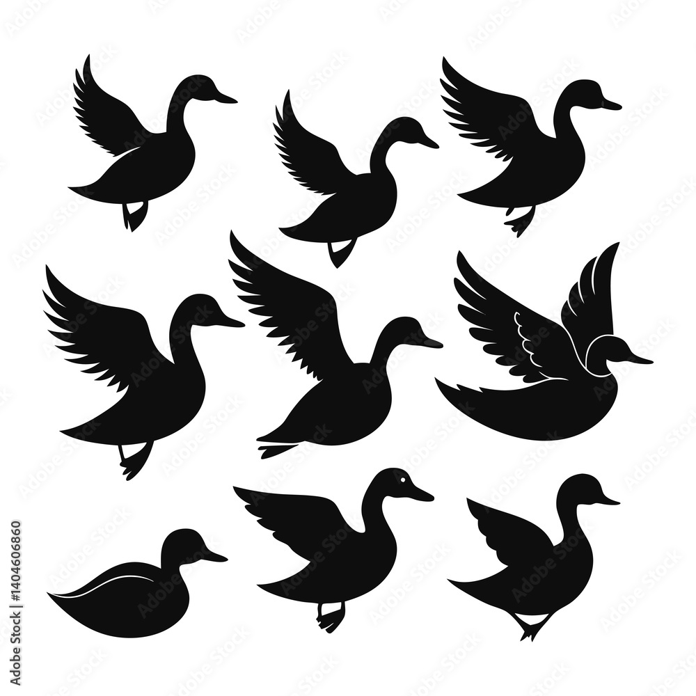 Fototapeta premium Flying Duck icons of silhouette vector illustration on white background