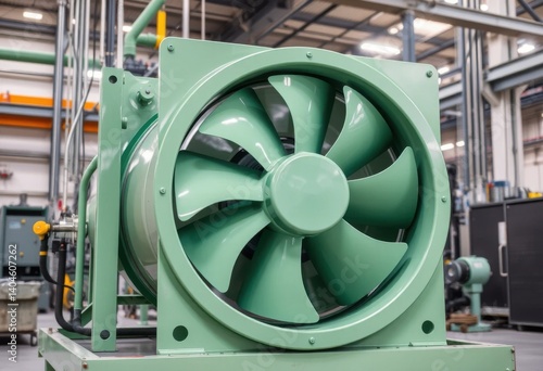 Industrial Green Ventilation Fan in Factory Setting Close Up Powerful Airflow Technology Equipment
