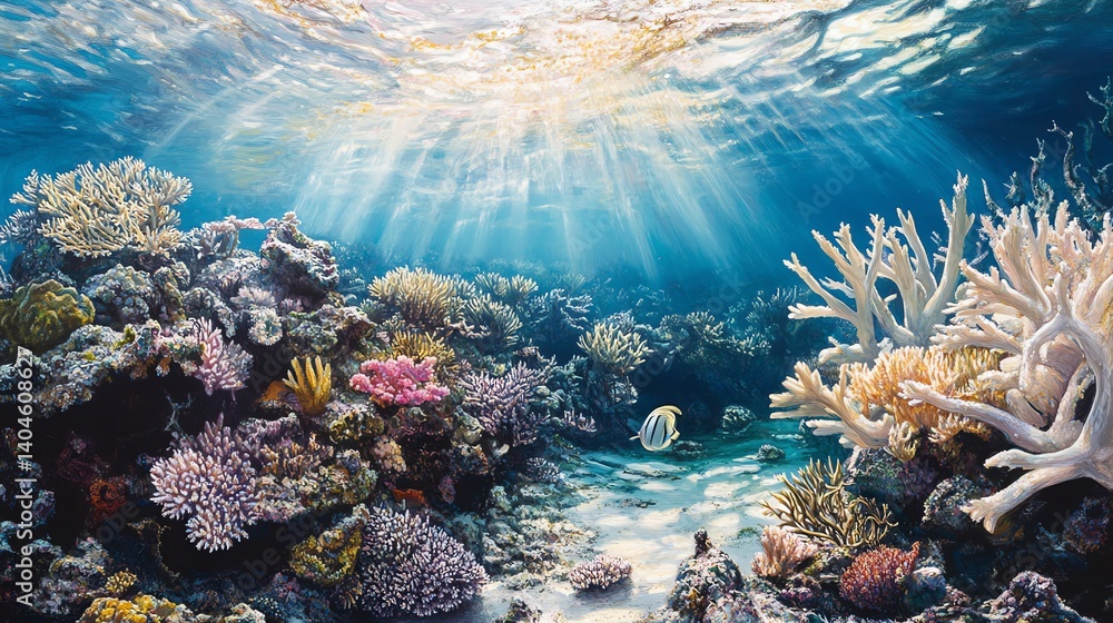Naklejka premium Underwater Coral Reef Landscape with Sunlight and Tropical Fish Swimming