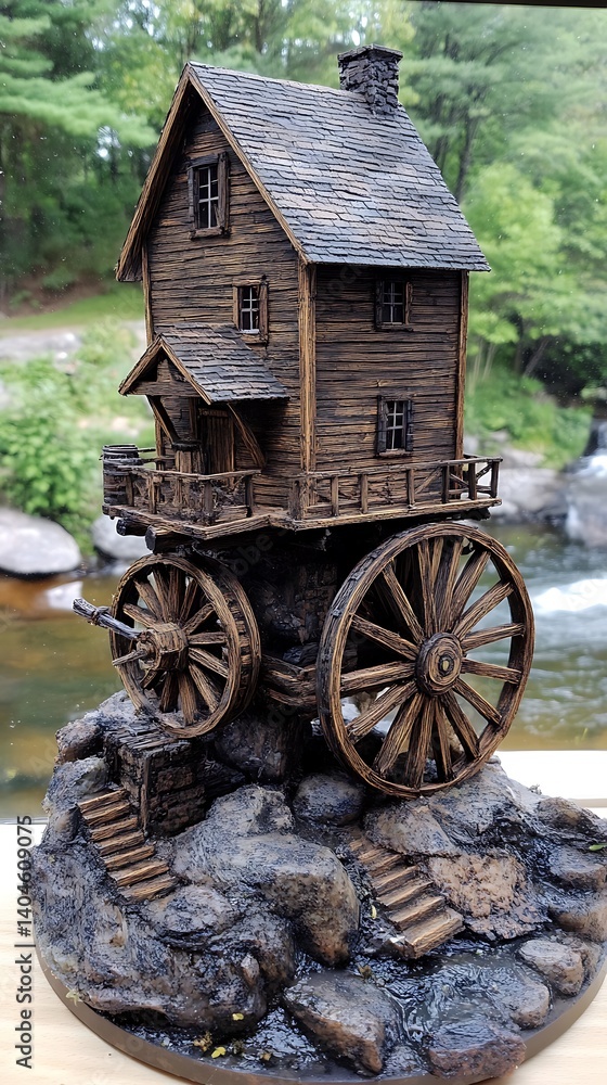 Obraz premium Wooden house on wheels, perched on rocks by a stream