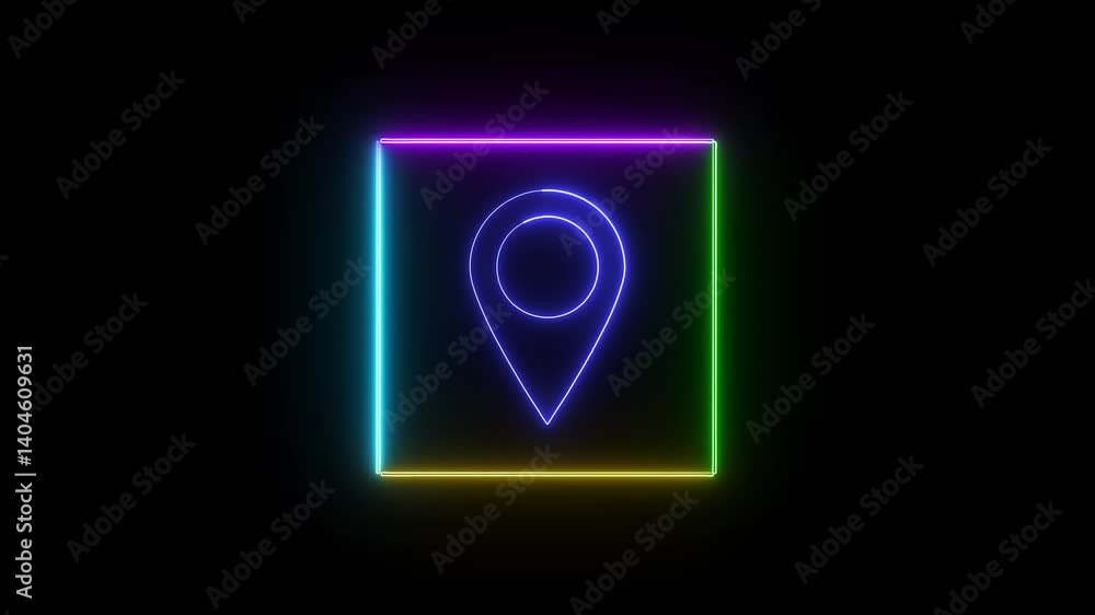 Glowing Neon Map Pointer Icon Inside Colorful Square On Black Background Animation Glowing Neon Map Pointer Icon Inside Colorful Square On Black Background Animation