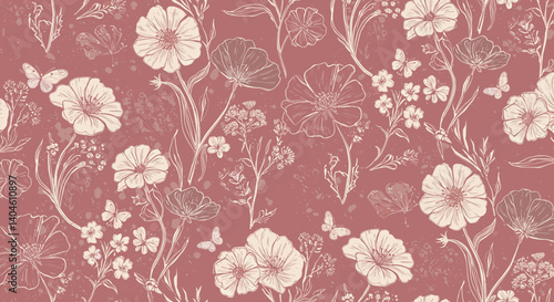 Floral Elegance: An artistic pattern of delicate flowers and butterflies graces a softly textured backdrop, evoking a sense of vintage charm and natural beauty. 