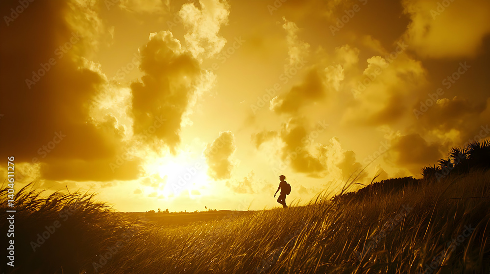 Fototapeta premium triangle pose among tall grass in a peaceful open field during golden hour
