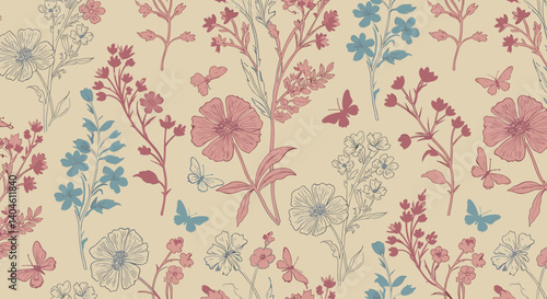 Wallpaper Mural Floral Fantasy: A delicate, illustrated botanical design features an intricate pattern of blooming flowers and fluttering butterflies, exuding a sense of spring and serenity. Torontodigital.ca