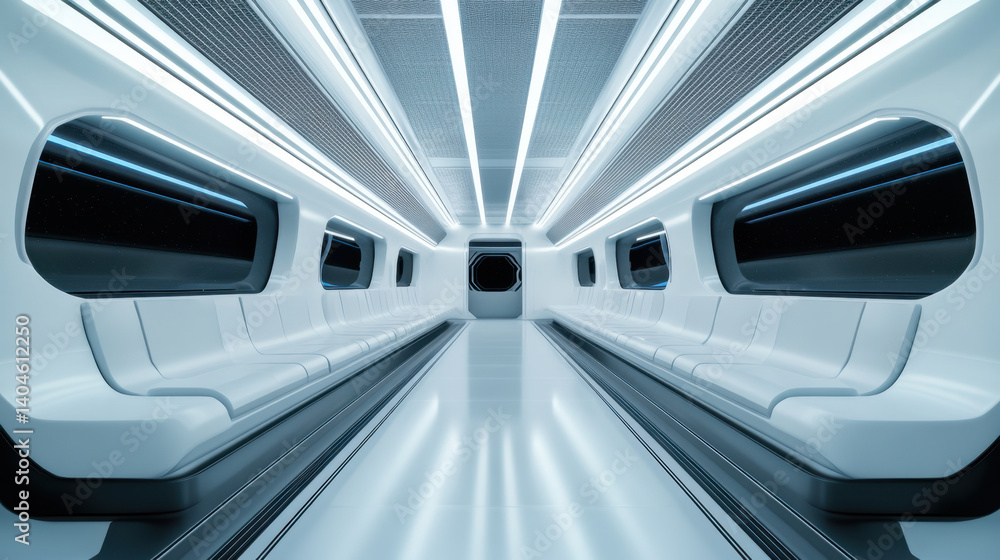 Obraz premium futuristic interior of maglev train car showcases sleek white seating and illuminated lines, creating modern and spacious atmosphere. design emphasizes advanced technology and comfort