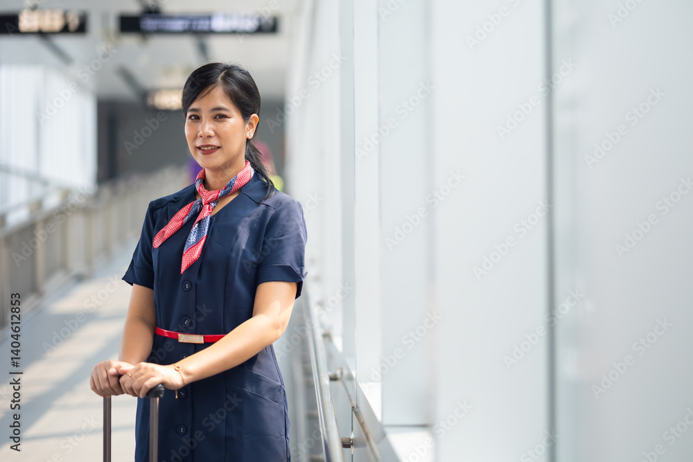 Portrait female Cabin crew or air hostess in airport. Cabin crew, air hostess working in airplane. Service mind. Asian stewardess with suitcase at modern airport terminal. flight attendant