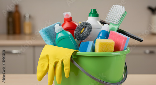 Green cleaning bucket full of supplies with yellow gloves
