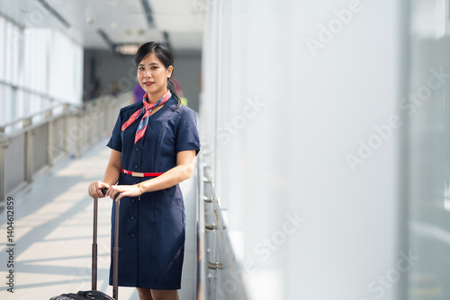 Portrait female Cabin crew or air hostess in airport. Cabin crew, air hostess working in airplane. Service mind. Asian stewardess with suitcase at modern airport terminal. flight attendant
